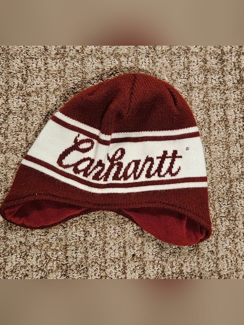 Vintage Carhartt Ear Flap Beanie Burgundy Knit Hat One Size